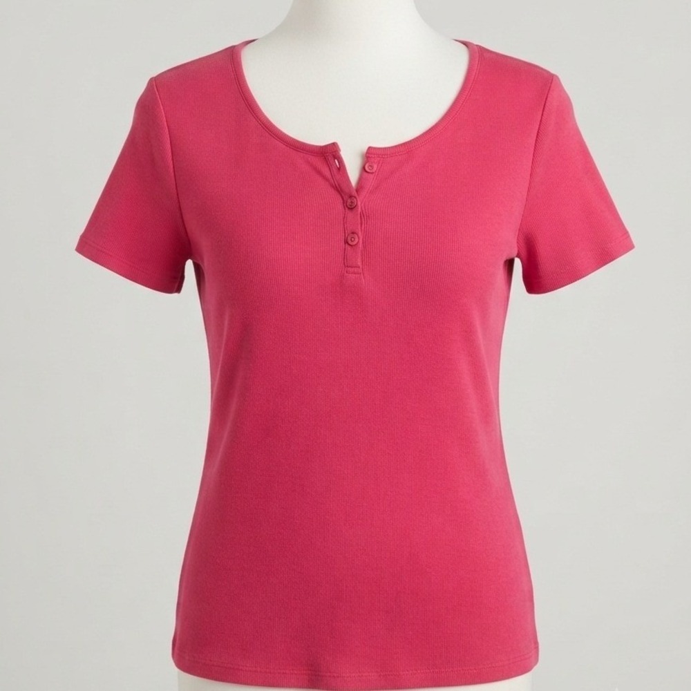 Chicos Pink Short Sleeve Rib Knit Notch Neck 100% Cotton Top Size 2 Medium Large